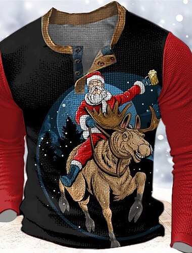  karácsonyi férfi Mikulás Henley póló grafikus Mikulás divattervező alkalmi 3d print Henley gofri sportok szabadtéri ünnep fesztivál fekete bordó piros &amp; fehér hosszú ujjú henley