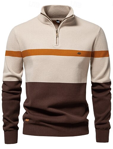  Pull en coton de marque de haute qualité pour hommes, pulls à col montant avec fermeture éclair pour hommes, pull polo chaud à rayures pour hommes, automne hiver