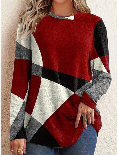  Dames T-Shirt Lange Mouw Ruitpatroon Gezellig Pluche Pullover Rood Zwart Grijs Wit Ronde Hals Casual Elegant Warm Herfst Winter Kleding
