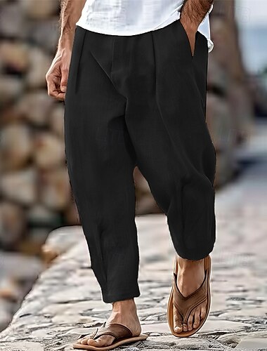  Herren Hose Hosen Sommerhosen Karottenhose mit schmal zulaufendem Schnitt Strandhose Vordertasche Falten Glatt Komfort Atmungsaktiv Casual Täglich Festtage Modisch Strassenmode Schwarz Weiß