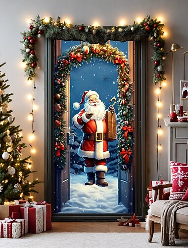  juledørpynt dørbetræk jule julemand dør gobelin pink dør gardin dekoration baggrund dør banner til hoveddør bondehus ferie fest indretning forsyninger snemand indendørs/udendørs