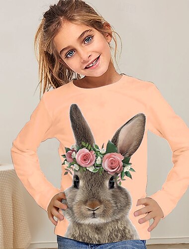  Ostern Mädchen 3D Graphic Tier Hase Kaninchen T-Shirt Langarm Frühling Herbst Modisch Basic kinderkleidung 4-12 Jahre Rundhalsausschnitt Outdoor Casual Täglich Regular Fit