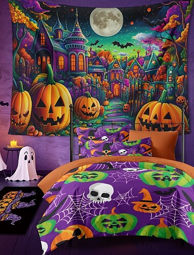  Halloween-Dekorationen, Schwarzlicht-Wandteppich, UV-reaktiv, im Dunkeln leuchtend, Leuchtparty, Jack-o-Laterne, psychedelische Stadt, trippiger, nebliger Wandteppich zum Aufhängen, Wandkunst,