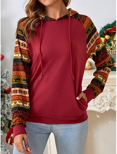  Damen Weihnachts-Kapuzenpullover, Polyester, geometrisch, einfarbig, lässig, Kordelzug, lässiger Kapuzenpullover, langärmelig, Herbst/Winter