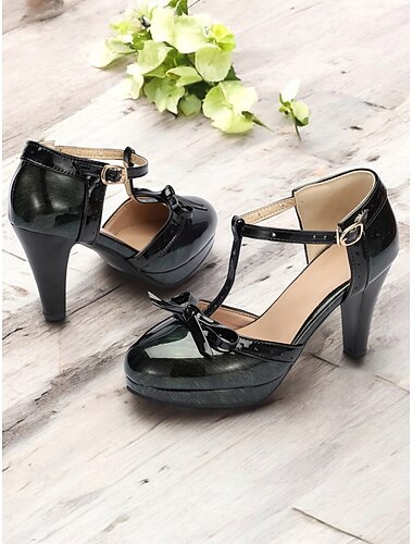  Sapatos femininos retrô de salto alto com tira em T, laço e fivela – sapatos clássicos de estilo vintage para casamentos, festas e eventos formais