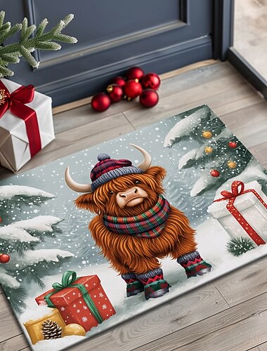 juledekorasjon dørmatte xmas highland cattle kjøkkenmatte gulvmatte sklisikkert teppe oljetett teppe innendørs utendørs matte soveromsdekor baderomsmatte inngangsteppe