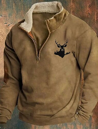  Herren Sweatshirt Pullover Sweatshirt mit Viertelreißverschluss Schwarz Marineblau Braun Grau Troyer Halber Reißverschluss Farbblock Rentier Patchwork Sport & Natur Täglich Festtage Vintage Basic