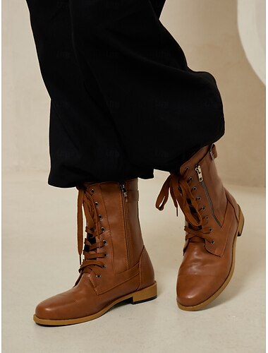  Mujer Botas Botas de ciclista Botas de Combate Tallas Grandes Exterior Diario Botines Botines Tacón Cuadrado Dedo redondo Vintage Encaje Cuero Sintético Cremallera Cordones Negro Marrón Gris
