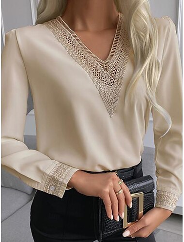  Damen Hemd Bluse Feste Farbe Stilvoll Modern Langarm V Ausschnitt Arbeit Spitze Schwarz Weiß Blau Khaki Frühling Herbst Winter