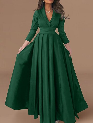  Robe de Noël A-Line Satin Robe de Soirée Élégante Robe Formelle Rouge Longueur Solen Elle Manches 3/4 Col V avec Plis robe à impressionner
