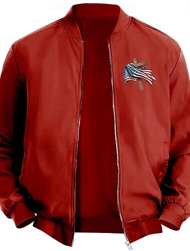  Herren Amerikanische US-Flagge Kreuz Bomberjacke Mantel Brautkleider schlicht Sports Outdoor Freizeitskleidung Seitentaschen Reißverschluss vorne Grafik Herbst Winter Stehkragen Langarm Schwarz Rote