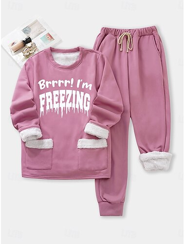  Damen 2-teiliges Fleecegefüttertes Sweatset Oberteil und Hose Buchstaben warm bequem weich Zuhause täglich Bett Fleece warm atmungsaktiv Rundhals langärmlig Pullover Hose elastischer Bund Herbst