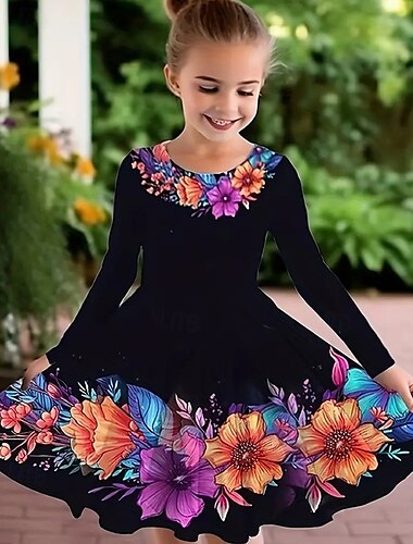  Ostern Mädchen' 3D Blumen Graphic Kleid Langarm Sommer Frühling Urlaub Täglich Festtage Schön Süß kinderkleidung 4-12 Jahre Casual kleid A Linie Kleid Knielang Regular Fit