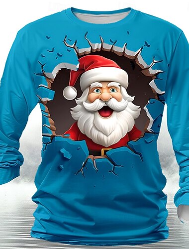  Jul Herre julenissen T skjorte Langermet T skjorte 3D-utskrift Crew-hals Skjorte Fritid Gate Ferie Hvit Gul Rød Sommer Vår Høst Klær S M L XL XXL XXXL