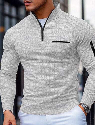 Herren Waffel-Poloshirt Pullover Sport & Natur Freizeitskleidung Viertel Postleitzahl Langarm Modisch Komfortabel Farbblock Tasche Reißverschluss Frühling & Herbst Jahreszeiten Regular Fit Schwarz