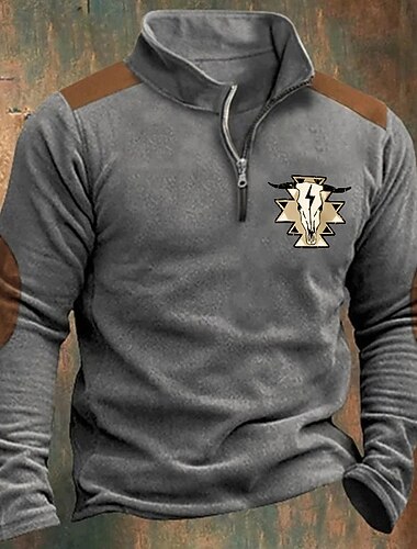  Men's Sweatshirt Quarter Zip Sweatshirt Blue Brown Khaki Light Grey Dark Gray Half Zip Graphic Cow Print Print Quarter Zip Christmas Daily Holiday Other Prints Polyester Streetwear Casual Fall Winter