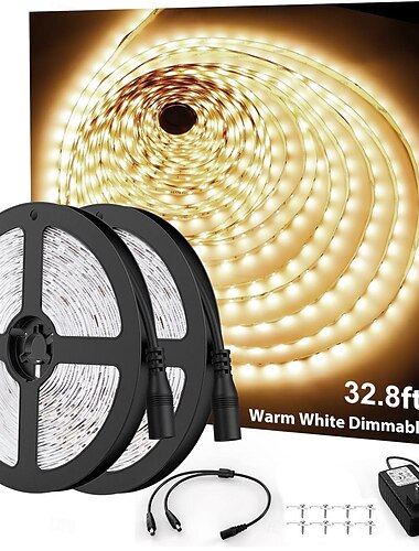  Bande lumineuse LED blanche 2 x 16 pieds, lumière chaude, lumière blanche, rouge, bleu, vert, bande lumineuse blanche, 600 LED 2835, ruban lumineux flexible, corde lumineuse 12 V, convient pour armoire de cuisine, chambre à coucher, garde-robe