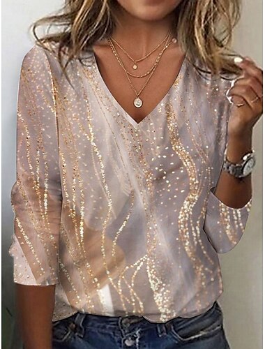  Dames Tuniek T-shirt Mode Casual Print Lange Mouw Regular Tops V-hals Dagelijks Geel Lente Herfst