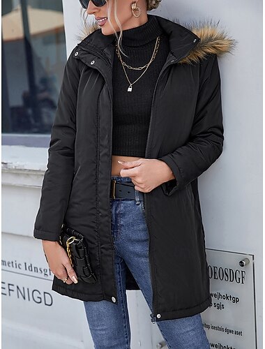  Damen Wintermantel Windundurchlässig warm halten Pelzkragen Elegant Outdoor Feste Farbe Arbeit Casual Reisverschluss Umlegekragen Lockere Passform Langarm Oberbekleidung Schwarz Herbst Winter