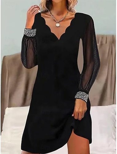 Dames Schede jurk Maxi-jurk Netstof Elegant V-hals Lange mouw Zwart Kleur