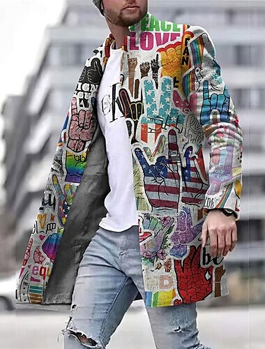 Herr Graffiti Landsflagga Vinterkappa Rock Kappa Håller värmen Andningsfunktion Bekväm Mode Streetwear Affär Arbete Klä till Jobbet Utekväll Ficka Mönster Höst vinter Nedvikt Långärmad Grå