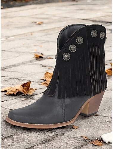  bottines western noires à franges pour femmes avec accents cloutés – bottines cowgirl de style vintage pour tenue décontractée et de festival