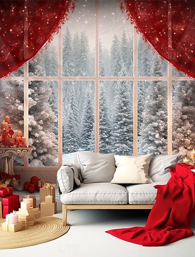  クリスマスの飾り 吊り下げタペストリー 壁アート クリスマス 赤いカーテン 大きなタペストリー 壁画 装飾 写真 背景 ブランケット カーテン 自宅 寝室 リビングルーム 窓の景色