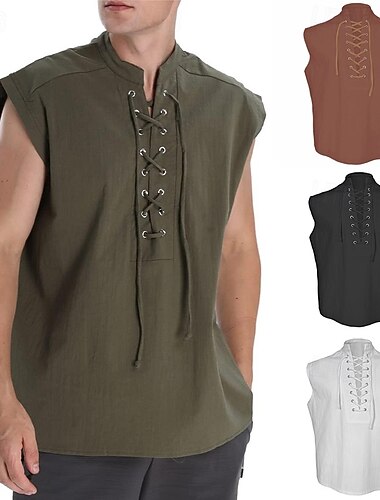  Rétro Vintage Médiéval Renaissance Veste T-shirt Pirate Viking Déguisement Homme Pirate Halloween Carnaval Mascarade LARP Adulte Chemise Printemps & Été