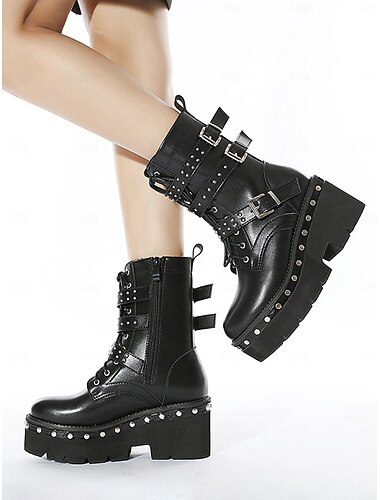  zwarte platform combat boots voor dames met gespen met studs, punk gothic motorlaarzen voor cosplay en streetwear