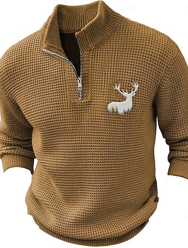  Navidad Hombre Reno Venados Suéter de punto Jersey con cremallera Suéter Polo Cuello con cremallera Retro Antiguo Casual Ropa de fiesta de noche Diario Suéter de Nochevieja Bordado Tejido en Punto