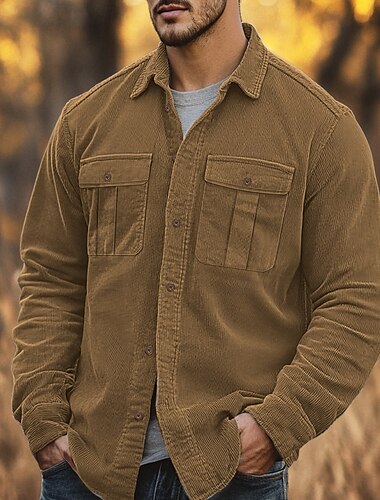  Per uomo Camicia con bottoni Maglietta informale Camicia di velluto a coste Blu Marrone Grigio Manica lunga Tinta unica Bavero Strada Giornaliero Tasche Abbigliamento Caldo Di tendenza Streetwear