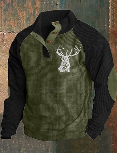  Herren Sweatshirt khaki&schwarz Schwarz Armeegrün Marineblau Braun Stehkragen Farbblock Rentier Patchwork Sport & Outdoor Täglich Ferien Polyester Cordstoff Streetwear Basic Lässig Frühling & Herbst