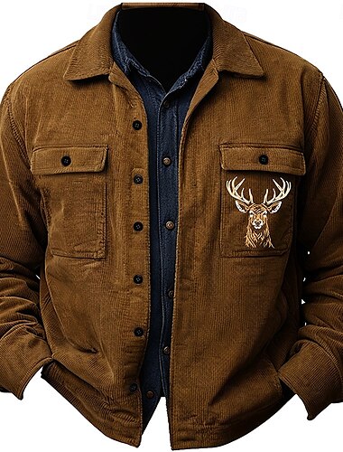  Herren Hirsch Hemdjacke Overshirt Langarm Vintage Stamm Alltagskleidung Herbst Winter Hemden mit Kragen Knopf hoch 3D-Druck 2 Taschen 1pc Armeegrün Marineblau Braun
