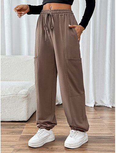  Dam Aktiv Aktiv Streetwear Långbyxor Fullängd Ficka Elastisk Mörkbrun Höst Vinter