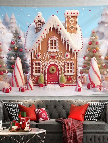  Adornos navideños, tapiz colgante, arte de pared, bastón de caramelo de jengibre de Navidad, tapiz grande, mural, decoración, fotografía, telón de fondo, manta, cortina, hogar, dormitorio, sala de