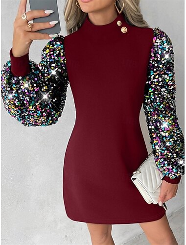  Damen Paillettenkleid Minikleid Pailletten Patchwork Brautkleider schlicht Ständer Langarm Schwarz Wein Blau Farbe