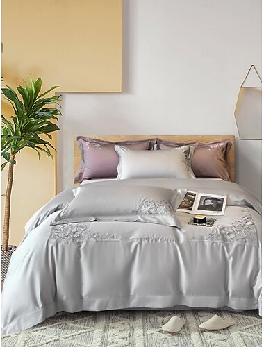  Juego de cama con funda nórdica de 4 piezas, tejido 100% algodón orgánico suave y transpirable, incluye funda nórdica y fundas de almohada para un sueño confortable.