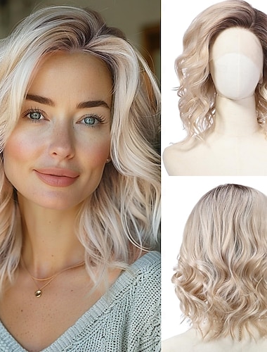  Perruque Synthétique Ondulé Avec Frange Perruque Court Brun foncé Blond clair Cheveux Synthétiques Femme Cosplay Doux Soirée Blond Marron