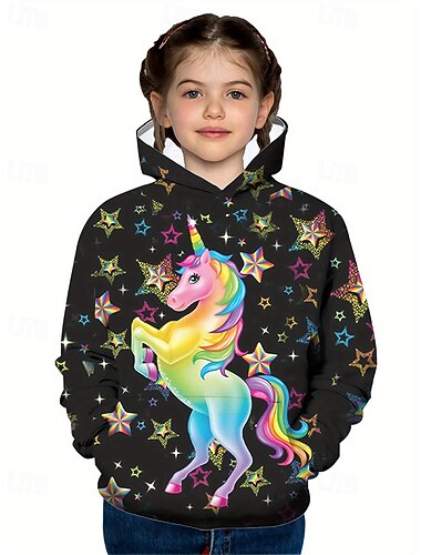  Chica 3D Graphic Unicornio Sudadera Manga Larga Otoño Invierno Moda Adorable Básico Niños 4-12 años Con Capucha Exterior Casual Diario Ajuste regular