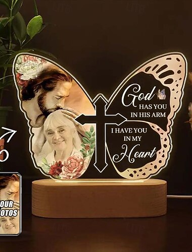  Marco de fotos iluminado conmemorativo personalizado, regalo de condolencia personalizado por la pérdida de un ser querido, luces en forma de mariposa, luz nocturna acrílica personalizada de San Valentín, alimentada por USB.