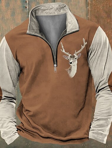  Férfi Vadászat Szarvas Pulóverek Negyed cipzáras pulóver Hosszú ujj Pulóver Cipzár Vintage Retro Western Cowboy 3D nyomtatás Hegymászó cipők Vadászat Tél Tavasz & Ősz