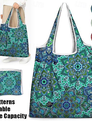  Boheemse damestas met bloemenmotief, herbruikbare opvouwbare boodschappentas met kleurrijk mandala-ontwerp, perfect voor het strand, boodschappen en dagelijks gebruik