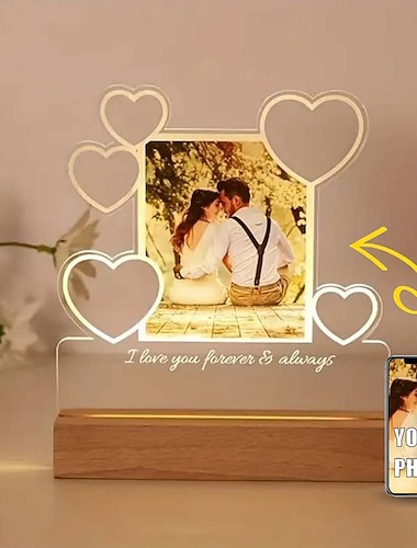 Marco de fotos con luz nocturna personalizada, luz LED de noche para boda en forma de corazón, lámpara USB de acrílico con foto personalizada, regalo romántico de aniversario de boda, cumpleaños, perfecto para parejas y amigos
