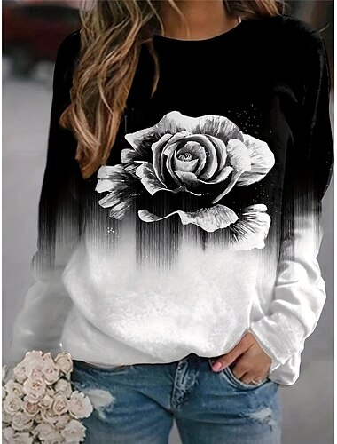  Damen-Sweatshirt mit Rosen-Print für den Alltag, lässig, Rundhalsausschnitt, lange Ärmel, mikroelastisch, Herbst/Winter, bequem, atmungsaktiv, weicher Stoff