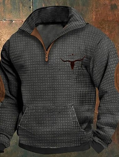  Hombre Sudadera con estampado de gofres Sudadera Sudadera con un cuarto de cremallera Negro Blanco Azul Marino Caqui Gris Oscuro Media cremallera Graphic Vaca Estampado Retazos Bolsillo delantero