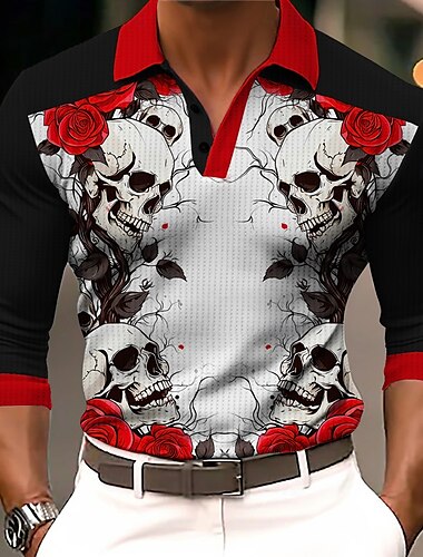  Rose Totenkopf Grusel Dunkel Herren Waffel-Poloshirt Golfpolo Langarm Partyabend Alltagskleidung Urlaub Frühling Herbst Winter Taste 3D-Druck Kragen Schwarz Rote Blau Mikro-elastisch Polyester