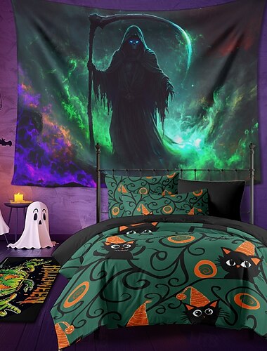  Halloween-Dekorationen, Schwarzlicht-Wandteppich, UV-reaktiv, im Dunkeln leuchtend, Leuchtparty, Spukhaus, psychedelisch, trippig, neblig, hängender Wandteppich, Wandkunst, Wandbild für Wohnzimmer,