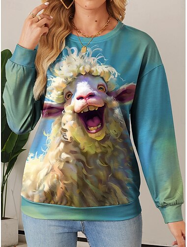  Sudadera de mujer con estampado de animales para uso diario, informal, cuello redondo, manga larga, microelástica, otoño e invierno, cómoda, transpirable, tejido suave