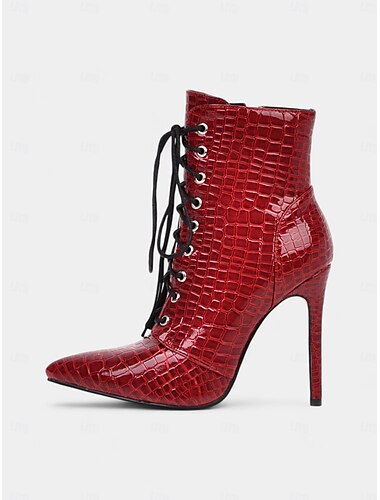  bottines à lacets à motif crocodile rouge – bottes à talons hauts et à bout pointu pour femmes sexy pour les fêtes et les soirées