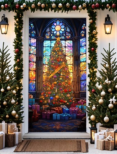  bannière de noël décorations de porte de Noël, couvre-portes, arbre de Noël, vitrail, tapisserie de porte, décoration, toile de fond, bannière de porte pour porte d'entrée, décoration de fête de fin